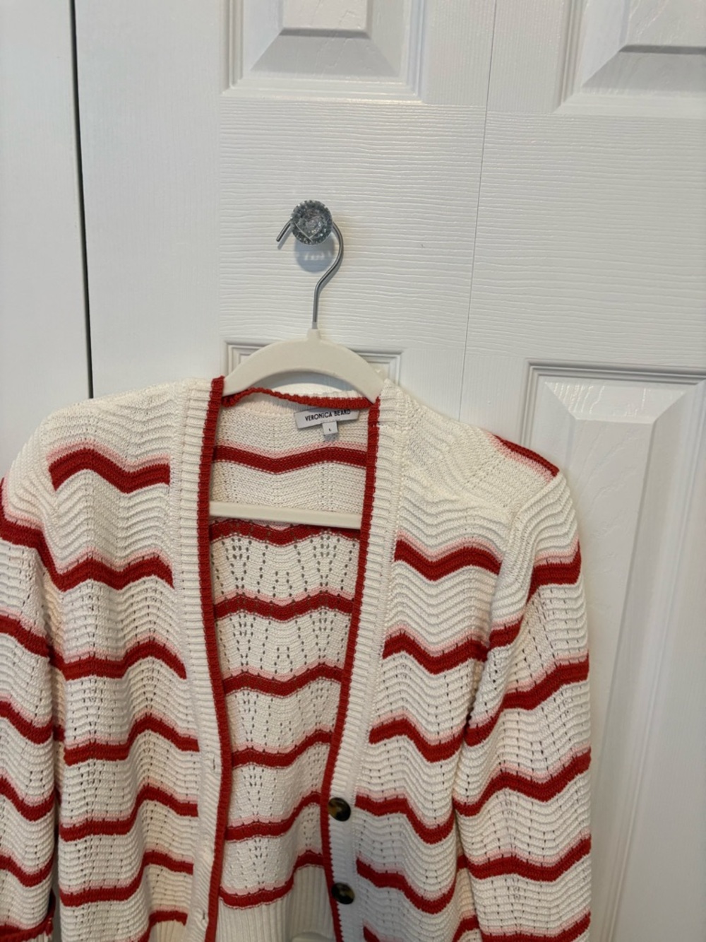 Veronica Beard Cream and Red Wavy Stripe Cardigan - Picture 2 of 3